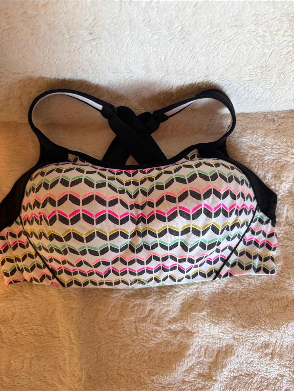 Victoria's Secret Black Trim Geometric Patterned Sports Bra with Neon Accents
